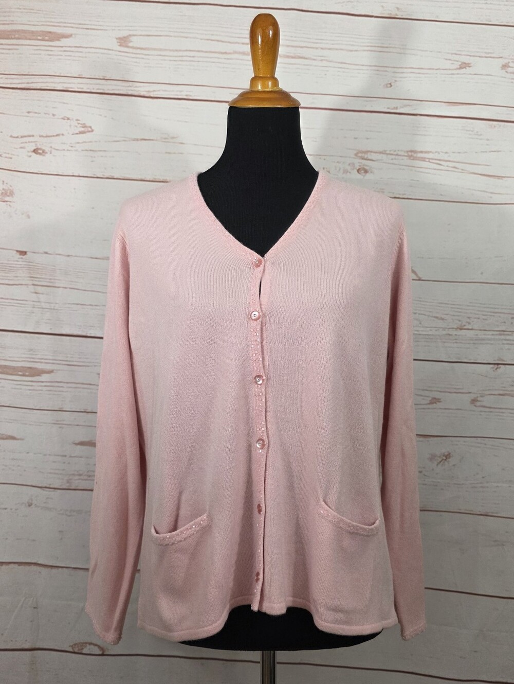 Designers Original Petite Pink Vneck Cardigan Sweater Beaded Size XL NWT